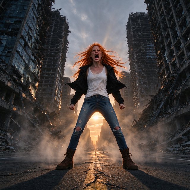 Fantasy fashion mood establishing image of a young woman on an endless street in a pose. Shot on a full-frame camera with an ultra-wide lens at f/2.0, from a very low perspective with a big up-tilt. The woman is centered in the mid-lower third of the frame. Woman: 22 years old, fair skin with slight freckles on her cheeks and nose, orange, messy, very long hair flying in the wind. Dressed in a pair of ripped blue slim jeans, a white baggy tank top, and a black short-waisted jacket moving in the wind; on her feet, you see a pair of old brown leather army boots. Background: an endless street in a post-apocalyptic metropolitan city with huge, destroyed high-rise buildings. There is a slight static fog in the air that is only moving at the woman's feet. Lighting: sunset, with the sun directly behind the woman, creating sunbeams crossing the fog and a soft, warm rim light on her body and flying hair. Pose: the woman is in a full-frontal, wide stance with her feet shoulder-width apart, screaming angrily at what's coming. — Model 17