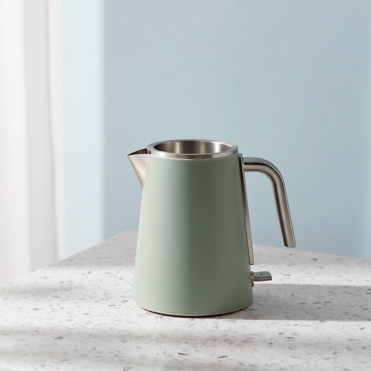 Commercial product photograph of an unbranded electric kettle made from matte sage ceramic and brushed stainless steel, resting on a white terrazzo surface against a pale blue background, with soft window light from the left and a delicate grounding shadow. — ImagineArt 2