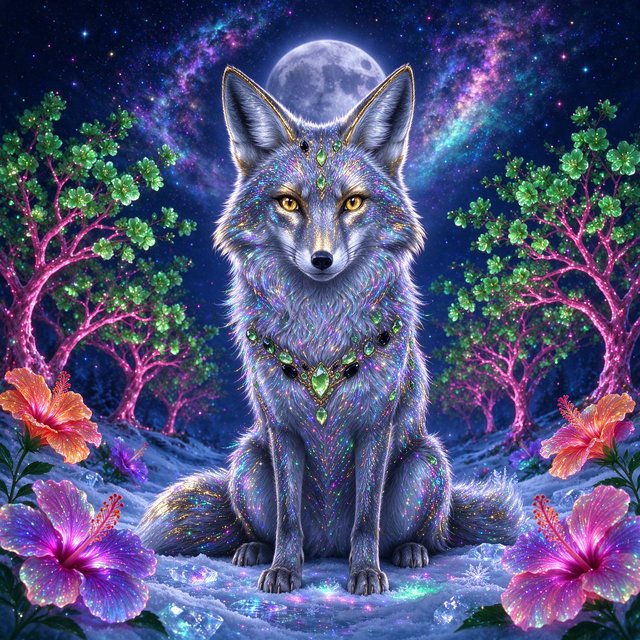 A fantasy still photography image of a majestic silver and gold fox, its fur coat features a breathtaking fiber-optic rainbow-glitter that shimmers with dense prismatic sparkles shifting vibrantly under the ethereal moonlight, the fox features deep silver undertones across its thick coat and is perched proudly in a front-facing posture, its fur is intricately adorned with embedded polished peridot and shimmering onyx that catch the glowing light, it is walking in an enchanted snow filled landscape filled with multicolored bioluminescent hibiscus flowers blooming in radiant neon shades and blooming pink bioluminescent trees with glowing green blossoms, the background features a dramatic full moon and a vibrant multicolored starry sky filled with multicolored swirling galaxy, a soft ethereal glow illuminates the fox's commanding silhouette, razor-sharp focus on its piercing golden eyes, magical realism style, fantasy art. — Seedream 5.0 Flash