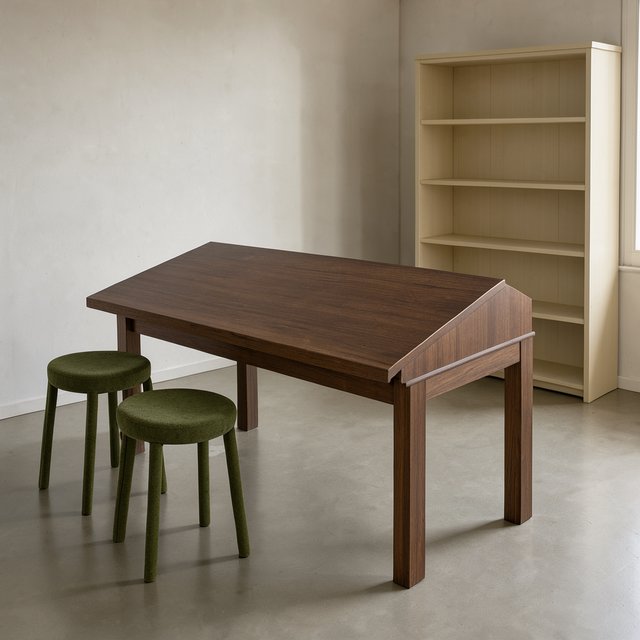 A quiet mapmaking room contains exactly one walnut drafting desk at the center, two moss-green stools side by side along its west edge, and one cream bookcase against the north wall; pale morning light, nothing else. — FLUX 3 Image Klein