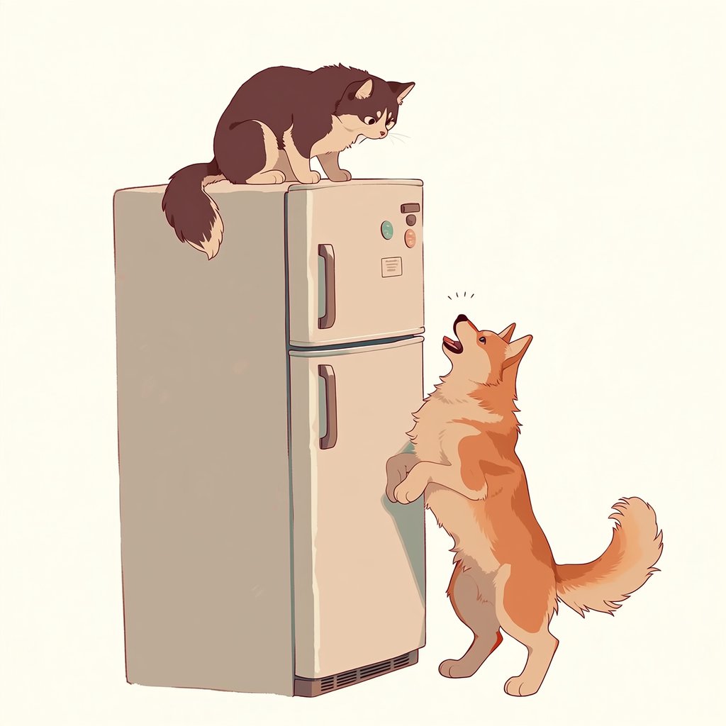 A cat sits on the top of a refrigerator calmly looking down at a barking dog. The dog is on his hind legs leaning on the fridge barking at the cat. — Midjourney Niji 7