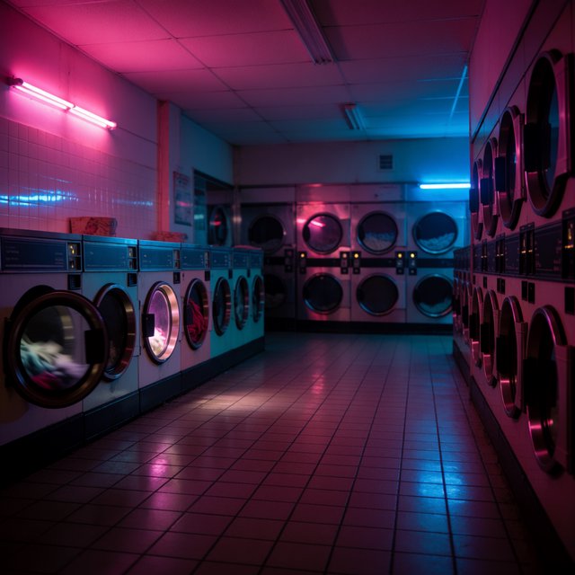 Neon washes a nearly empty overnight laundromat, reflections trembling across tiled floor and spinning steel drums. A handheld street snapshot under magenta and cyan tubes, shot at 35mm with moderate depth of field, catches lint drifting in the air. — Krea 2 Medium