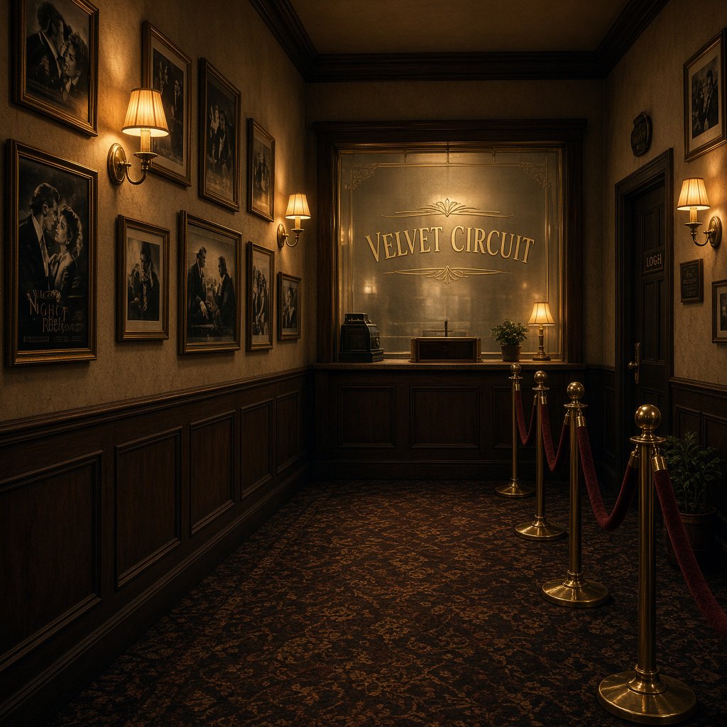 A narrow neighborhood cinema lobby glows with amber sconces, velvet ropes, and framed film stills; "VELVET CIRCUIT" is etched in elegant silver lettering across the frosted glass ticket-booth window. — Grok Imagine Image 2