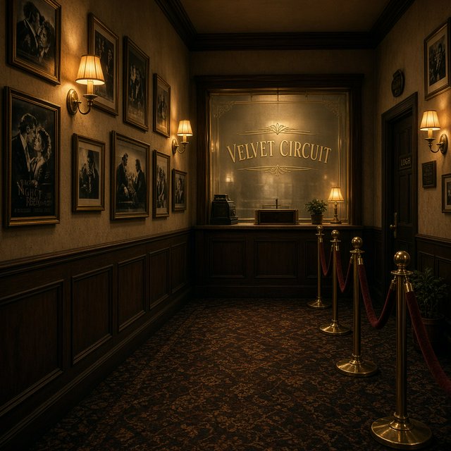 A narrow neighborhood cinema lobby glows with amber sconces, velvet ropes, and framed film stills; "VELVET CIRCUIT" is etched in elegant silver lettering across the frosted glass ticket-booth window. — Grok Imagine Image 2