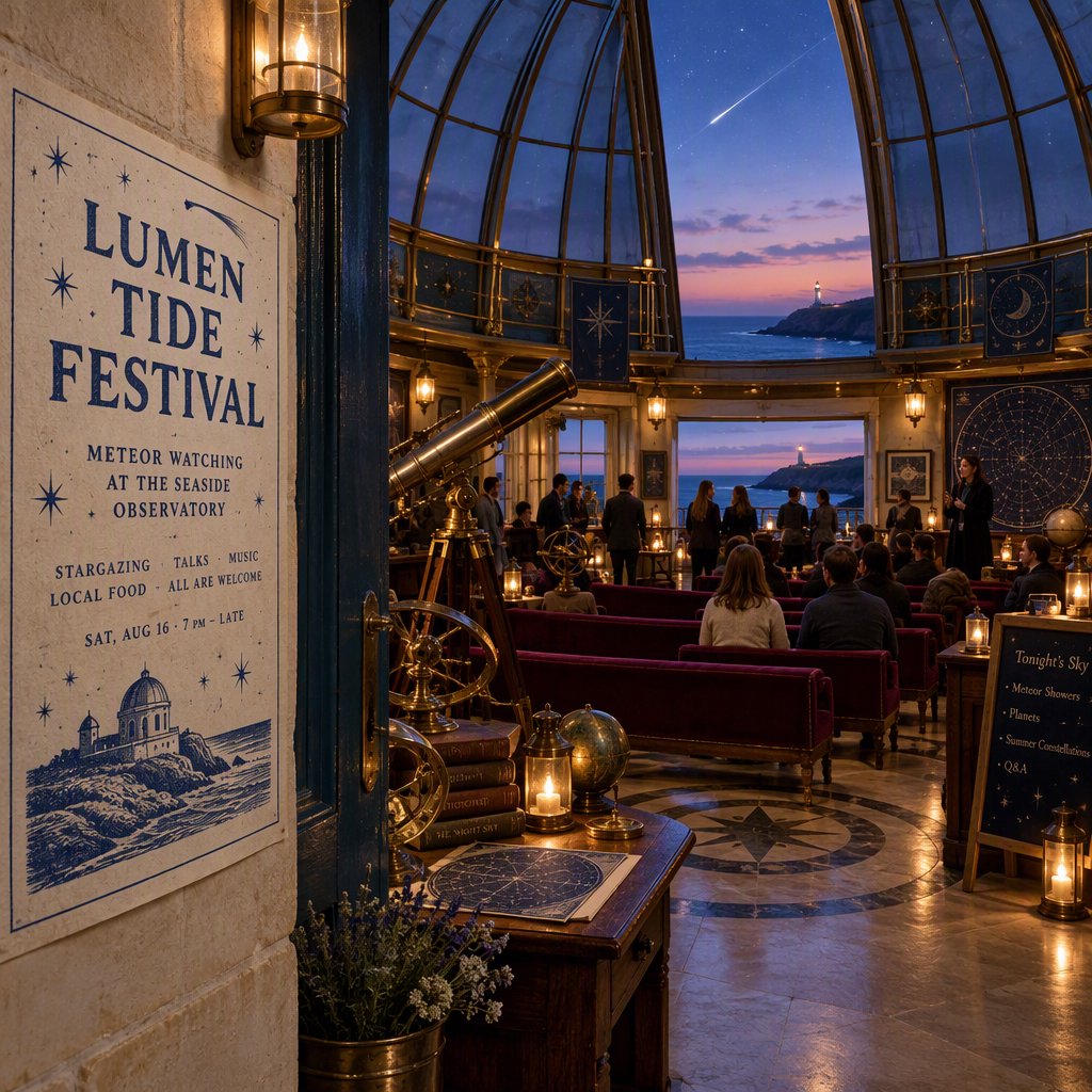 At a restored seaside observatory, a twilight meteor-watching event fills the domed hall with brass instruments, star charts, and velvet benches; "LUMEN TIDE FESTIVAL" is hand-printed in deep blue ink across a cream paper announcement beside the entrance. — GPT Image 2.5 Flare