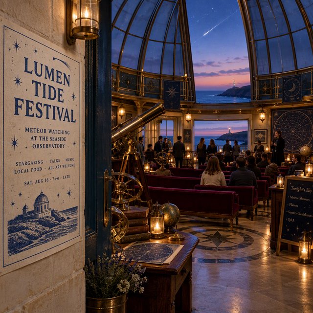 At a restored seaside observatory, a twilight meteor-watching event fills the domed hall with brass instruments, star charts, and velvet benches; "LUMEN TIDE FESTIVAL" is hand-printed in deep blue ink across a cream paper announcement beside the entrance. — GPT Image 2.5 Flare