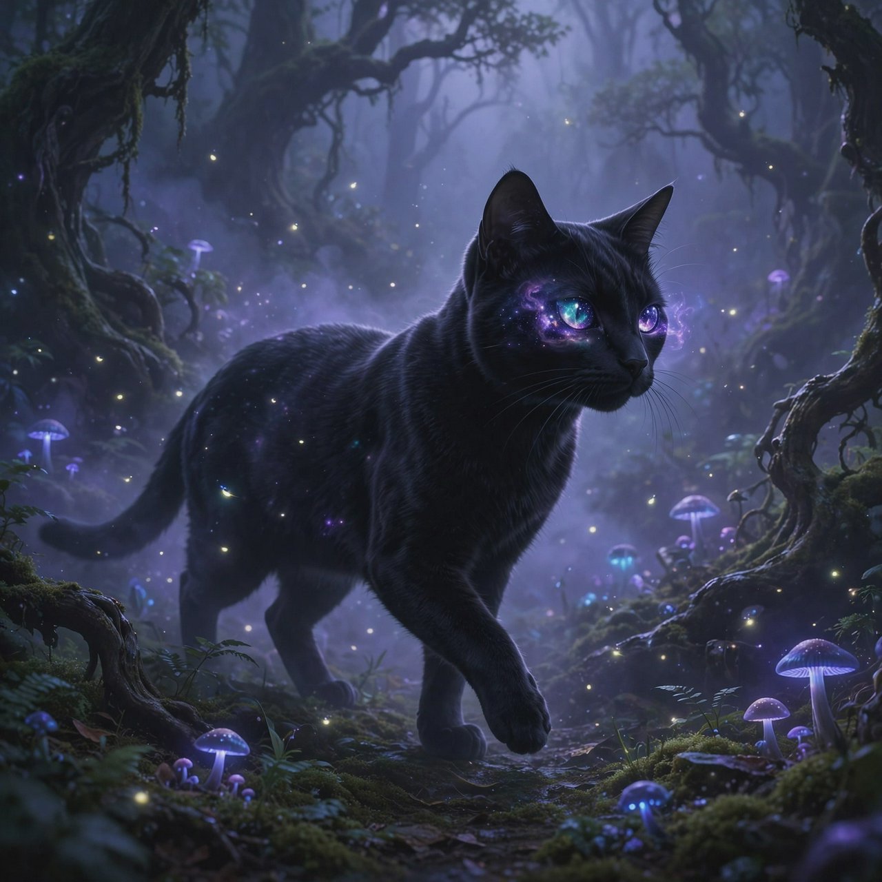 A sleek, obsidian cat with fur that seems to absorb all light, walks with quiet grace through a tranquil, mist-shrouded forest. Its eyes glow with an inner cosmic energy, reflecting distant nebulae. Ethereal fireflies drift around it, illuminating ancient, gnarled trees and glowing mushrooms. The style is deeply atmospheric, emphasizing soft focus and a palette of deep purples and blues. — Muse Image 1.0