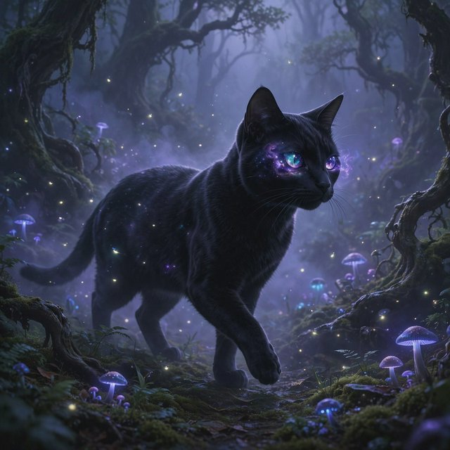 A sleek, obsidian cat with fur that seems to absorb all light, walks with quiet grace through a tranquil, mist-shrouded forest. Its eyes glow with an inner cosmic energy, reflecting distant nebulae. Ethereal fireflies drift around it, illuminating ancient, gnarled trees and glowing mushrooms. The style is deeply atmospheric, emphasizing soft focus and a palette of deep purples and blues. — Muse Image 1.0
