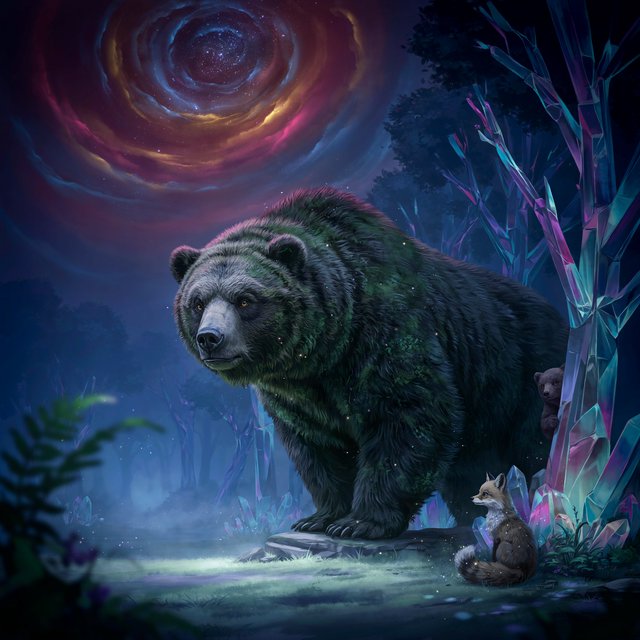 A colossal ancient bear, its fur woven with moss and starlight, stands at the edge of a shimmering, otherworldly forest. The trees are made of crystal and emit a soft, ethereal glow. In the distance, a nebula swirls in the twilight sky. The scene is rendered in a fantasy art style, with surrealist elements and cinematic lighting that emphasizes the majestic scale of nature. — Ideogram v4