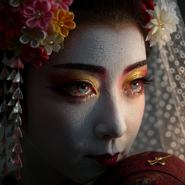 Extreme close-up macro photography of a Geisha's face. The focus is on her eyes, revealing intense emotion and hyper-realistic detail. Her skin is covered in traditional white 'Oshiroi' makeup, showing subtle, realistic cracking and skin texture. Dramatic Chiaroscuro lighting with deep shadows and a single soft light source highlighting the shimmer in her golden eyeshadow and the wetness of her eyes. Ornate kanzashi (hair ornaments) visible in the blurred periphery with intricate silk flowers and dangling silver petals. Cinematic composition, shot on 100mm macro lens, incredibly detailed eyelashes and iris patterns. — Model 11