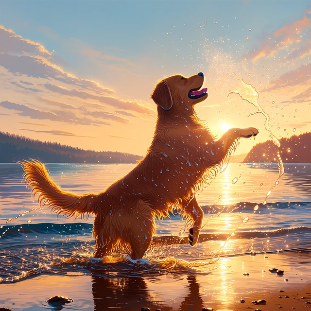 A wet golden retriever shaking off water on a lakeshore, droplets frozen mid-air, backlit by low sun, high shutter speed. — Midjourney Niji 7