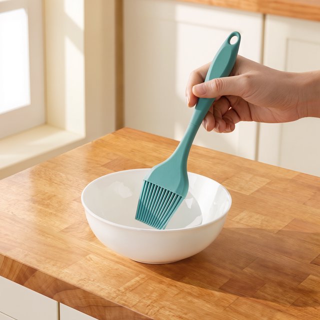 Across a honed maple counter, an adult hand guides an unbranded silicone pastry brush over a ceramic bowl; its ribbed teal handle catches diffused key light and warm bounce against a cream kitchen background, face cropped out, no lettering, commercial product image. — Kling v3