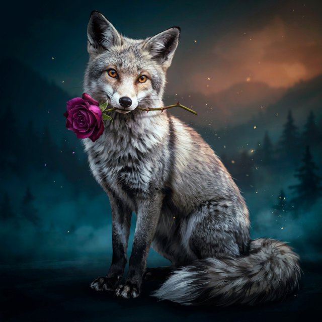 a silver fox holding a purple rose in its mouth, deep color, fantastical, intricate detail, splash screen, complementary colors, fantasy concept art — Model 8