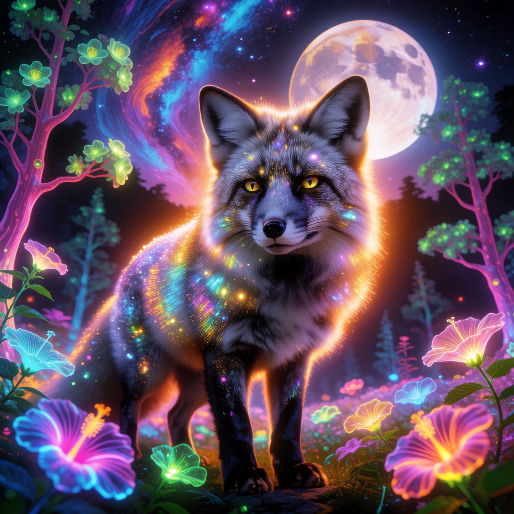 A fantasy still photography image of a majestic silver and gold fox, its fur coat features a breathtaking fiber-optic rainbow-glitter that shimmers with dense prismatic sparkles shifting vibrantly under the ethereal moonlight, the fox features deep silver undertones across its thick coat and is perched proudly in a front-facing posture, its fur is intricately adorned with embedded polished peridot and shimmering onyx that catch the glowing light, it is walking in an enchanted snow filled landscape filled with multicolored bioluminescent hibiscus flowers blooming in radiant neon shades and blooming pink bioluminescent trees with glowing green blossoms, the background features a dramatic full moon and a vibrant multicolored starry sky filled with multicolored swirling galaxy, a soft ethereal glow illuminates the fox's commanding silhouette, razor-sharp focus on its piercing golden eyes, magical realism style, fantasy art. — Krea 2 Medium
