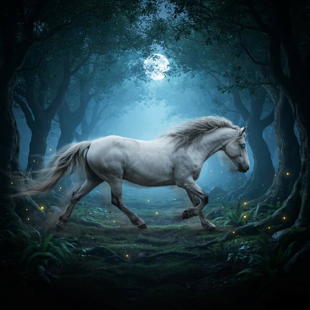 A majestic horse with a spectral mane and tail gallops through an enchanted, moonlit forest. Glimmering fireflies illuminate the path, casting an ethereal glow on ancient trees. The horse appears translucent, as if it's a phantom from another realm. The style is digital art, with surrealism and cinematic lighting to enhance the mysterious atmosphere — Ideogram v4.5