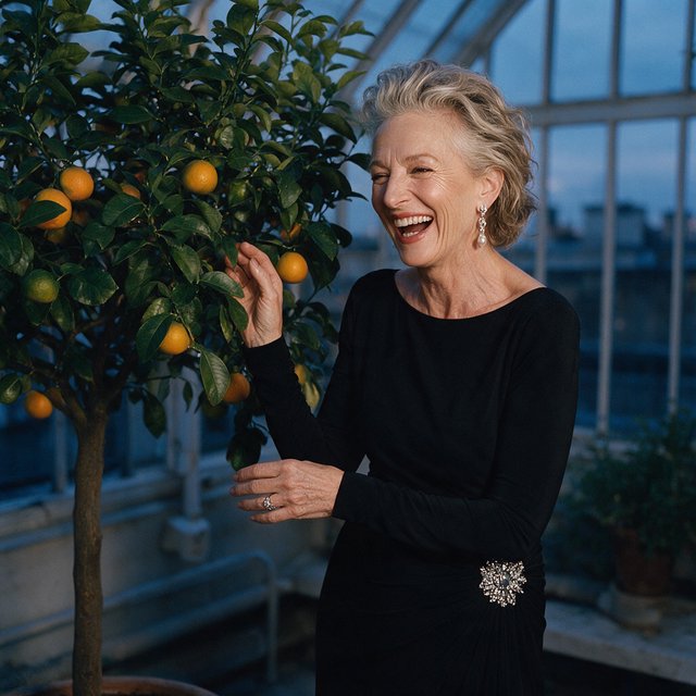 At a quiet rooftop conservatory, an adult woman in her early sixties wears a long-sleeved black evening gown, caught laughing softly beside a citrus tree as blue-hour light spills through the glass; poised styling brings fashion-magazine polish. — Model 20