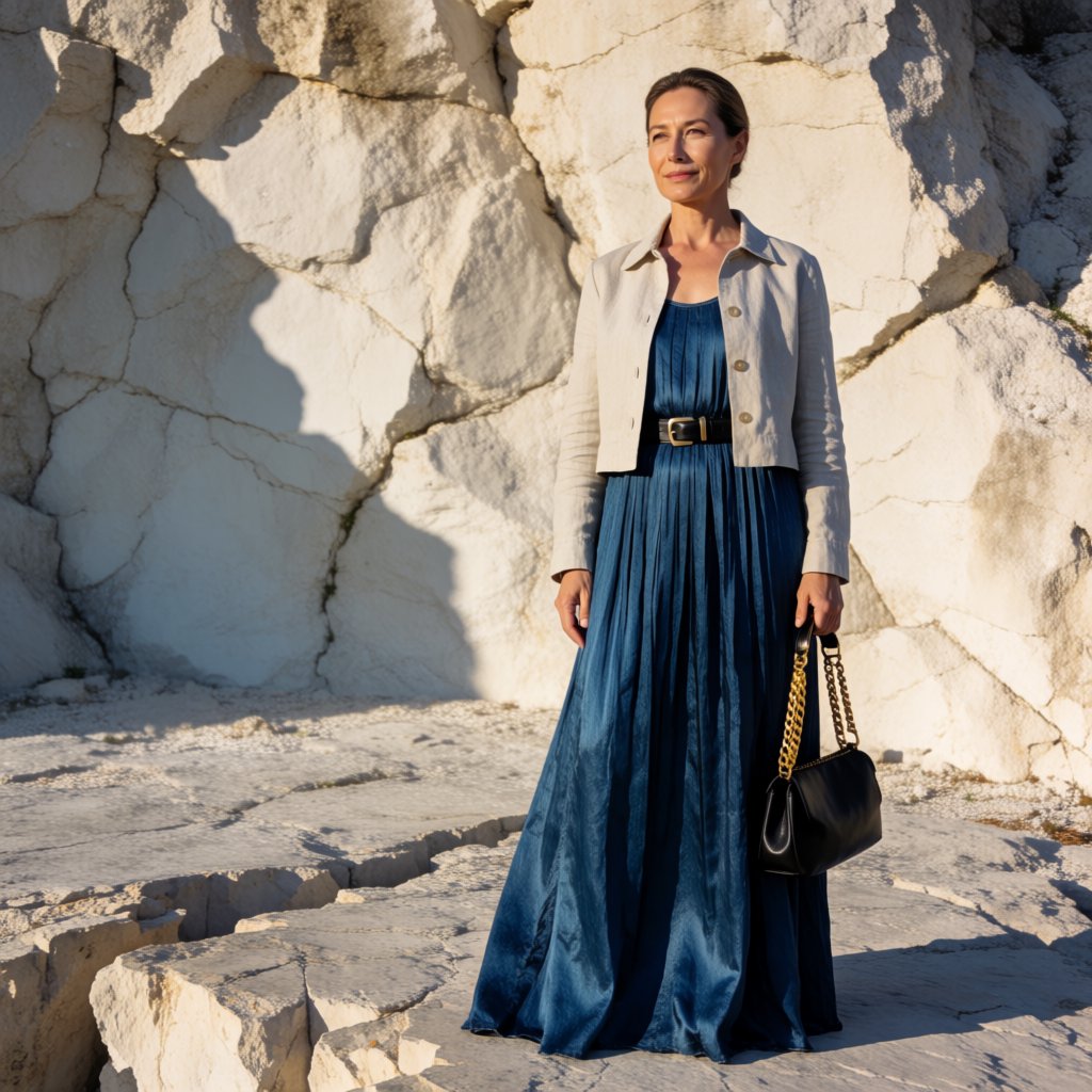Across a basalt terrace, an adult woman in her early forties poses in a full-length fashion photograph, wearing a pleated indigo silk dress and cropped linen jacket, her composed half-smile lit by hard afternoon sunlight from one side against a pale limestone ridge. — Krea 2 Medium