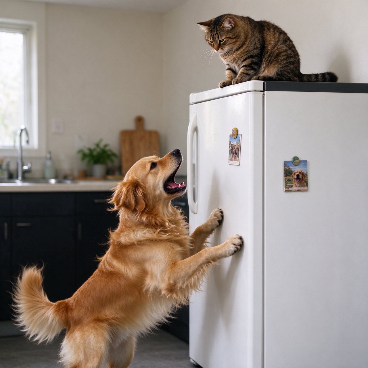 A cat sits on the top of a refrigerator calmly looking down at a barking dog. The dog is on his hind legs leaning on the fridge barking at the cat. — Seedream 5.0 Flash