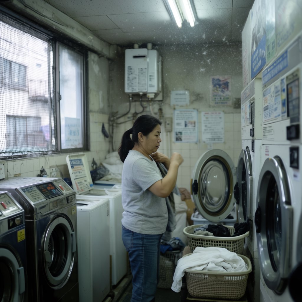 Candid documentary photograph of an adult woman sorting clothes in a self-service laundromat, cool fluorescent light, 35mm lens with moderate depth of field, loose lint suspended above a tumbling machine, worn baskets and tiled walls rendered naturally. — Krea 2 Large
