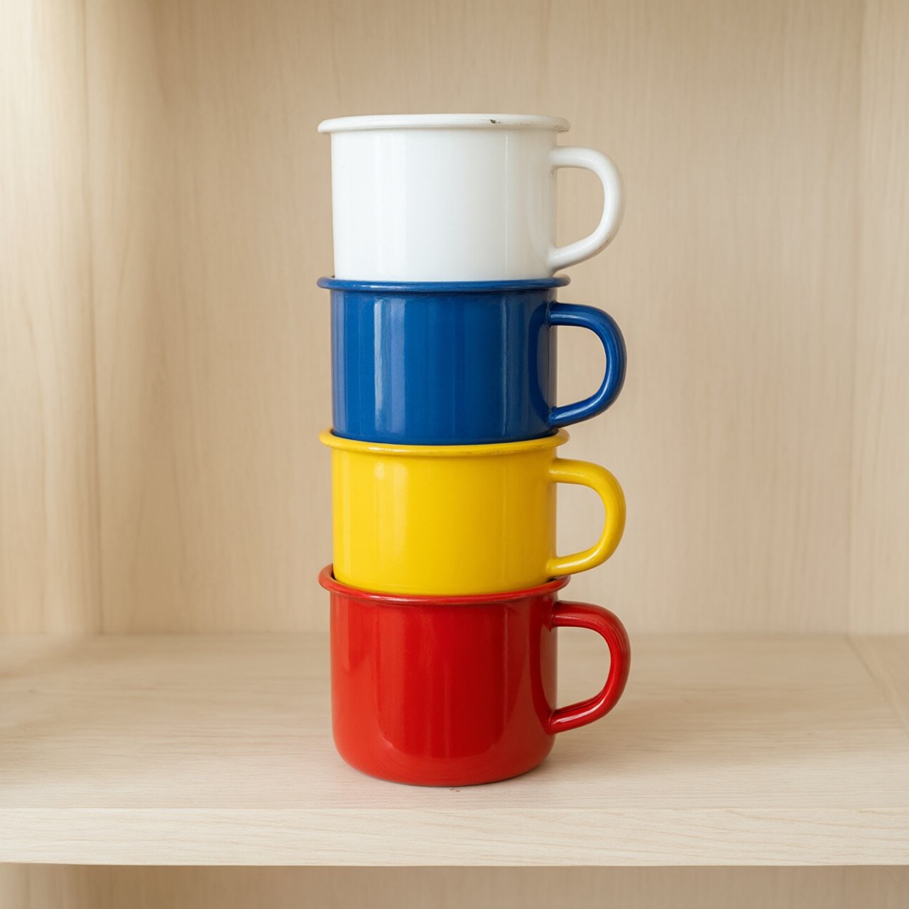 Exactly four enamel camping cups form a vertical tower on a pale wooden shelf, bottom to top: red, yellow, blue, white; all handles face right. Soft morning light, nothing else. — Qwen Image 3.0