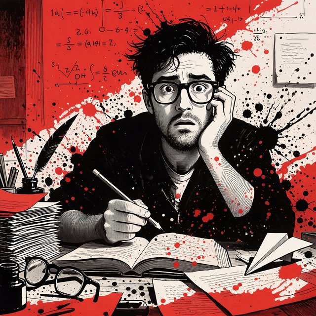 Energetic ink splattering + bold caricature contours + precise tonal modeling, where energetic ink splattering creates chaotic surface energy through varied line weight and ink blots, bold caricature contours produce simplified forms via thick and thin ink outlines, and precise tonal modeling infuses fine parallel line hatching. The fusion manifests as layered hatching within loose expressive marks, transforming any subject through rapid ink application over fine parallel lines. A man with glasses, messy black hair, a short beard and a dark shirt. Medium close-up at eye level, the man seated at a desk leaning forward with wide eyes and a concerned expression, holding a pencil in his right hand while resting his left hand against his cheek, an open book and papers on the desk in front of him. Scene set at a cluttered desk in a workspace, with scattered papers, an open book and mathematical equations drawn on the wall behind. — Krea 2 Medium