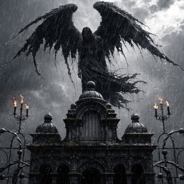 A majestic fallen angel with wings like a dark, tattered cloak, poses dramatically on a crumbling, Victorian-era inspired graveyard tomb, surrounded by twisted, black ironwork and flickering, orange candelabras, as if plucked from a haunting, nightmare. — Recraft v4
