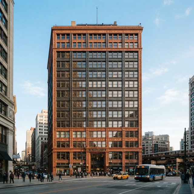 Exterior of a Chicago School office tower, with a visible steel-frame grid, warm terra-cotta cladding, broad rectangular windows, and a flat roofline; clear afternoon light, viewed from across a city street, with precise verticals and believable construction. — Nano Banana 2 Lite