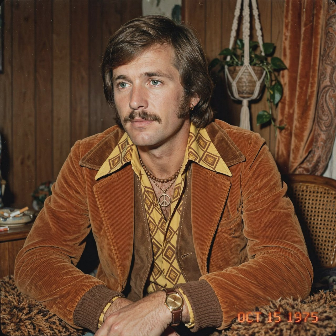 Create an image of a man in the quintessential style of 1975. Style his hair, clothing, accessories, and surroundings to reflect the distinctive look of the mid-1970s—featuring bold silhouettes, eye-catching accessories, layered details, and characteristic colors and textures. Give the image the feel of an authentic 1975 photograph, complete with analog film grain, faded colors, direct flash lighting, and a slight soft-focus effect. Add a period-accurate, red-orange date stamp in a 1970s style in one of the bottom corners. No recognizable posters. No modern objects or text. — Muse Image 1.0