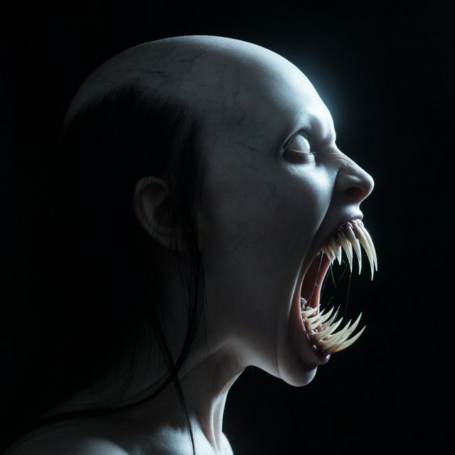 A creepy woman in side profile. Focus on the head with a slightly alien figure. Pale skin. No irises in the eyes. Mouth is open wide with very sharp, long razor teeth. Black background. Chiaroscuro effect. — Grok Imagine Image Quality