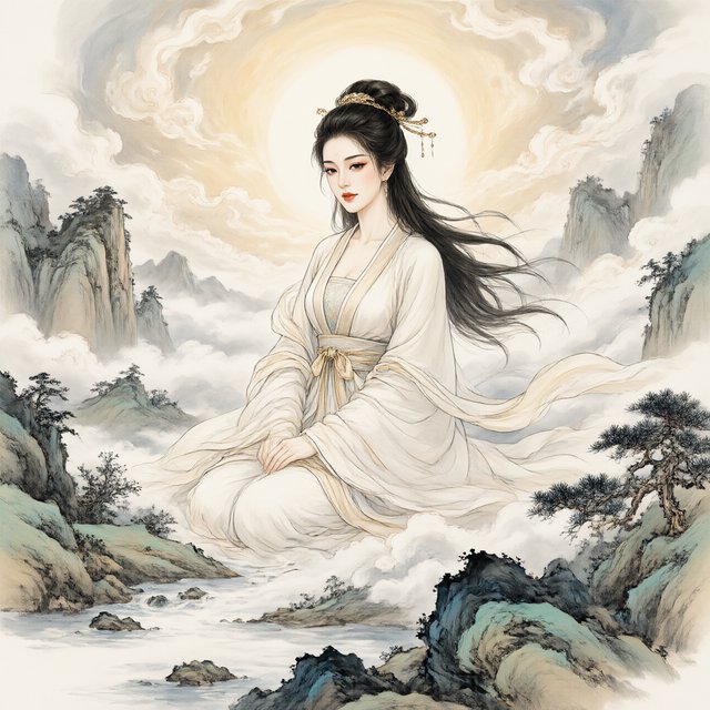 Heaven above, earth below. Ink-painting studio. Chinese painting style. Alluring. Peerless adult beauty. Radiant. — Qwen Image 3.0