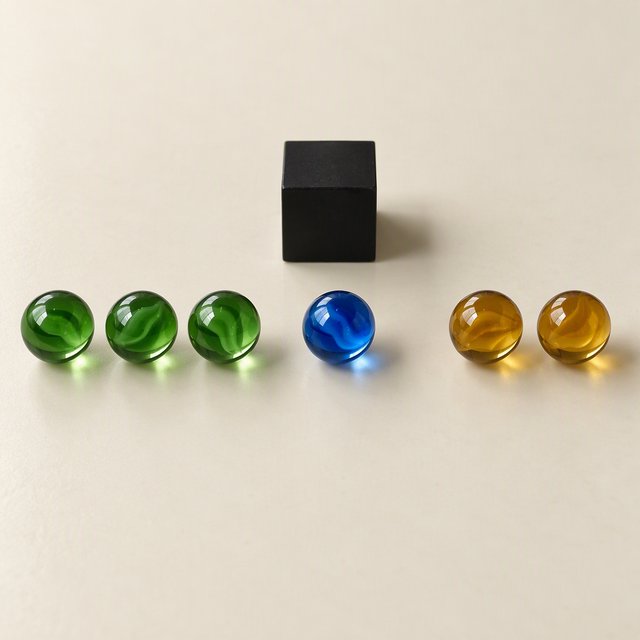 Exactly six glass marbles sit on a cream tabletop: three green marbles in a row on the left, two amber marbles in a row on the right, and one blue marble centered between the rows. A black cube sits above the blue marble, nothing else. — GPT Image 2.5 Sunburst