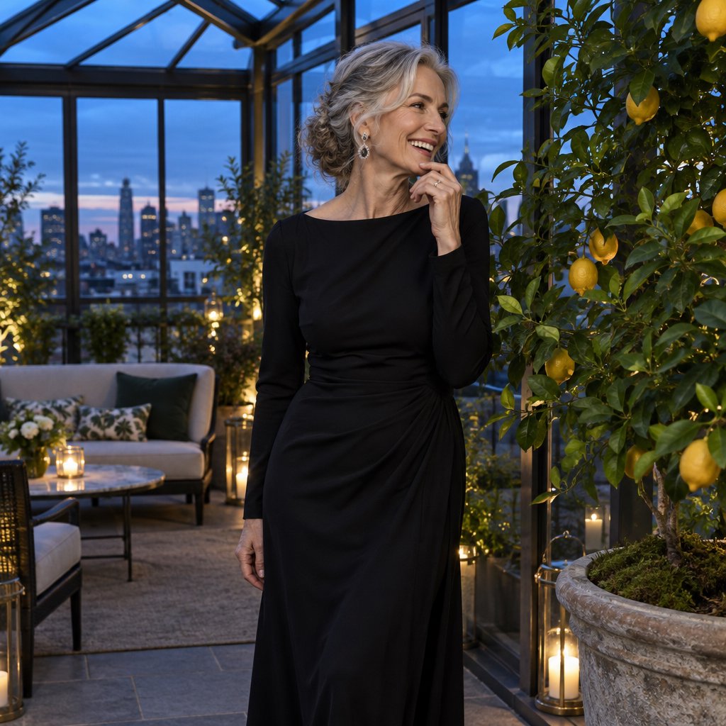 At a quiet rooftop conservatory, an adult woman in her early sixties wears a long-sleeved black evening gown, caught laughing softly beside a citrus tree as blue-hour light spills through the glass; poised styling brings fashion-magazine polish. — GPT Image 2.5 Flare