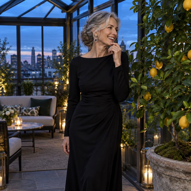 At a quiet rooftop conservatory, an adult woman in her early sixties wears a long-sleeved black evening gown, caught laughing softly beside a citrus tree as blue-hour light spills through the glass; poised styling brings fashion-magazine polish. — Model 3