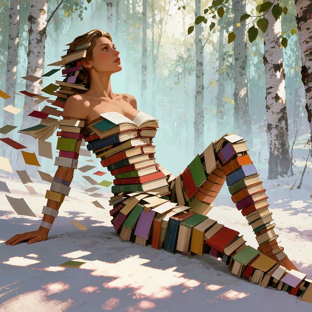 Create an adult odalisque entirely made of anthologies. The odalisque is formed from an anthology, with movement and motion blur that clearly shows its composition. The material should appear high quality, with dappled sunlight. The background is a birch forest, and the overall mood is Futurism. — Kling v3