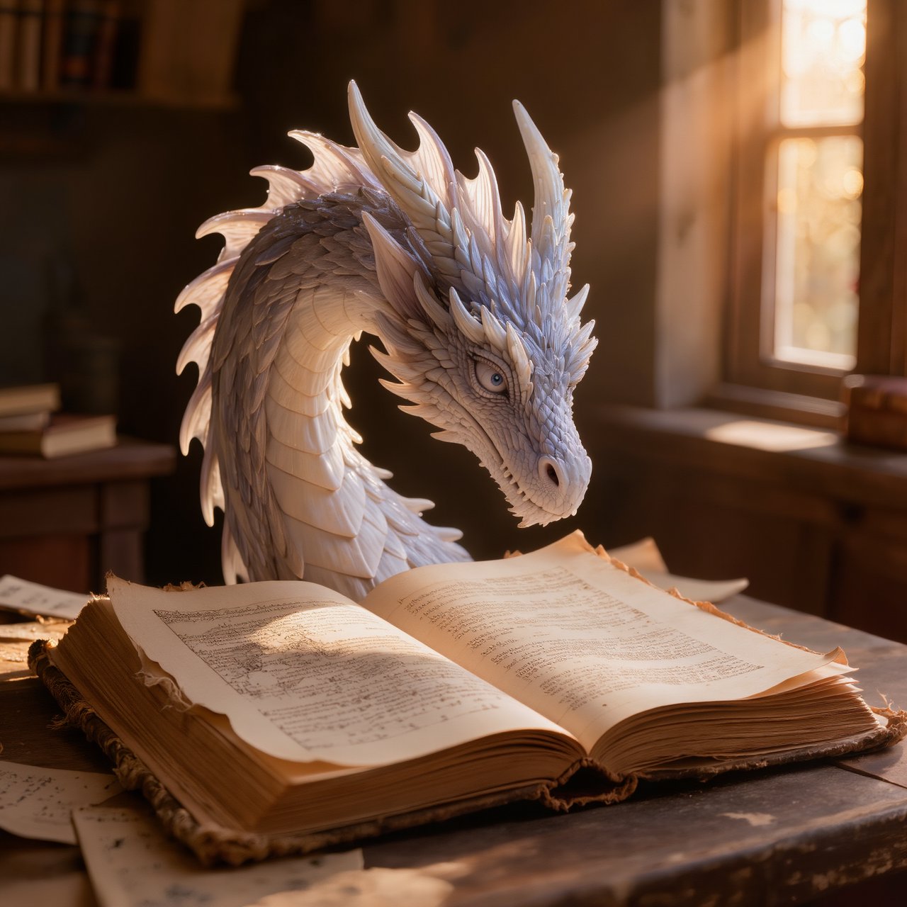 A mystical dragon's head, slender and dreamy, rests upon the yellowed pages of an ancient tome, the cover worn and mysterious, as soft warm light pours in through a nearby window, casting a serene ambiance, the air thick with the scent of old parchment and forgotten knowledge. — Kling v3