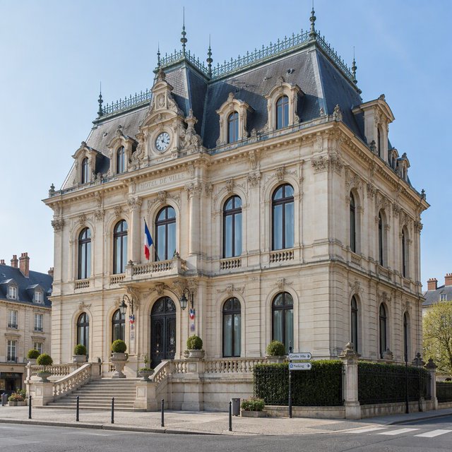 Exterior of a French Second Empire town hall with pale limestone, a dark mansard roof, copper cresting, and tall arched windows; clear spring light falls across the entrance terrace, viewed from the quiet street corner, precise lines and believable construction. — GPT Image 2.5 Sunburst