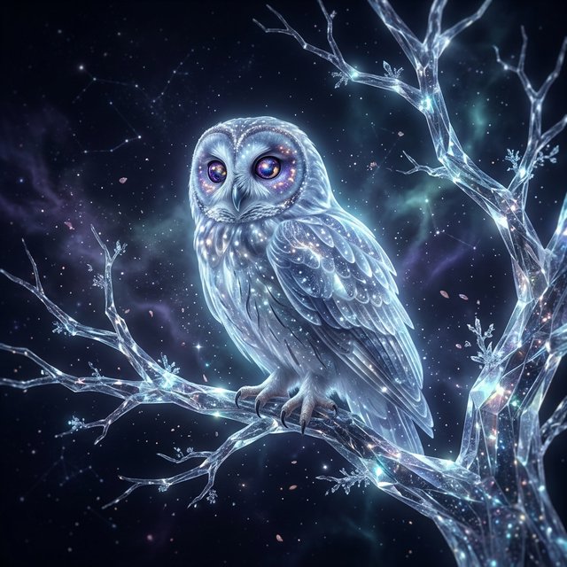 An ethereal owl with feathers made of shimmering moonlight and eyes like miniature galaxies, perched on a branch of a crystalline tree that grows in a void. Wisps of cosmic dust drift around it, and faint constellations are visible in the background. The scene evokes a sense of profound tranquility and celestial mystery. Style: Ethereal, surrealism, with a touch of photorealism. — Nano Banana 2.1