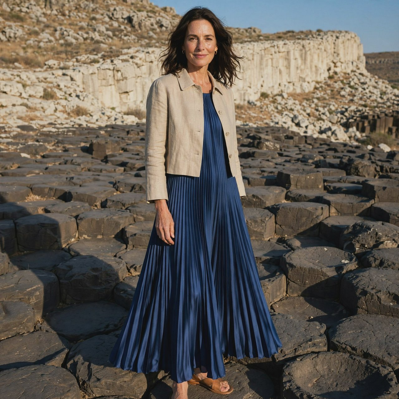 Across a basalt terrace, an adult woman in her early forties poses in a full-length fashion photograph, wearing a pleated indigo silk dress and cropped linen jacket, her composed half-smile lit by hard afternoon sunlight from one side against a pale limestone ridge. — Muse Image 1.0