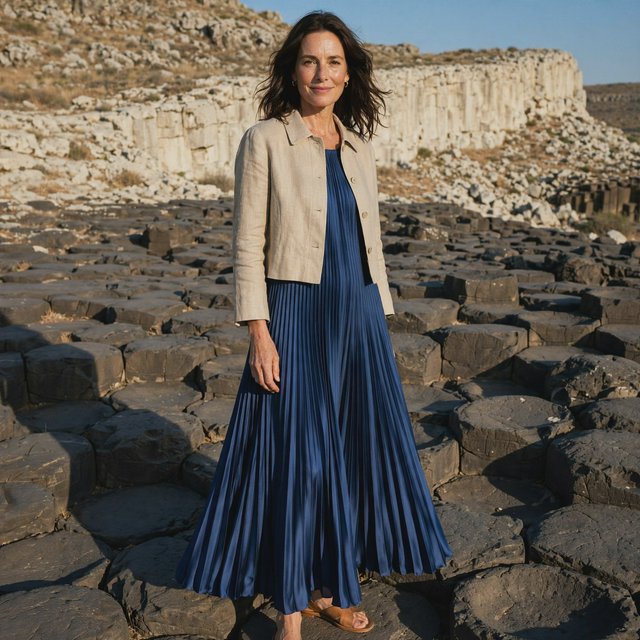 Across a basalt terrace, an adult woman in her early forties poses in a full-length fashion photograph, wearing a pleated indigo silk dress and cropped linen jacket, her composed half-smile lit by hard afternoon sunlight from one side against a pale limestone ridge. — Muse Image 1.0