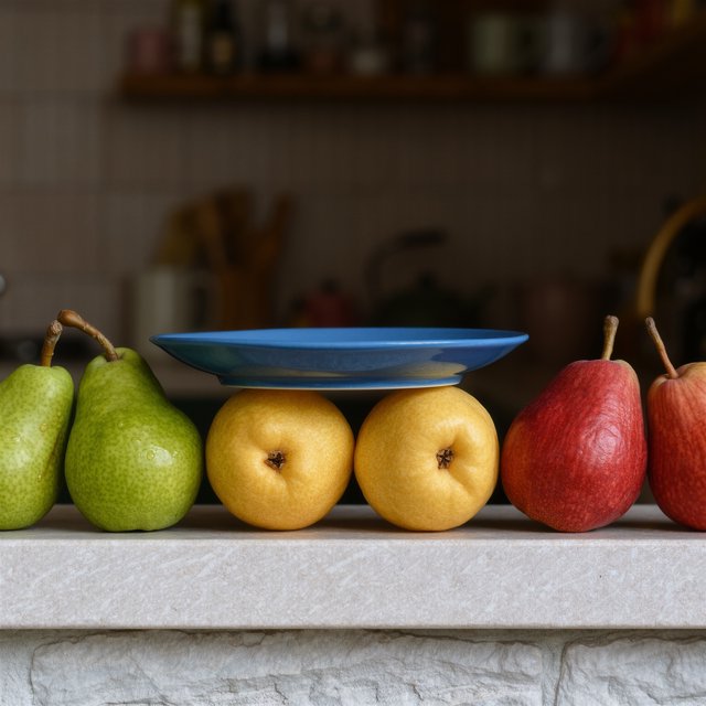 Exactly six ripe pears sit on a pale stone counter: two green pears on the left, two yellow pears in the center, and two red pears on the right. A small blue plate sits above the center pair, nothing else. — Kling v3 Omni