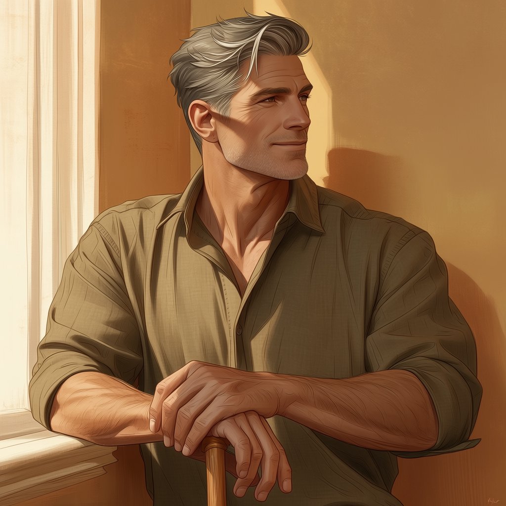 Portrait photograph of an adult man in his 40s with silver-streaked hair, wearing a textured olive linen shirt and rolled sleeves, hands resting on a wooden cane, relaxed expression, ochre plaster backdrop, soft window light from the side. — Midjourney Niji 7