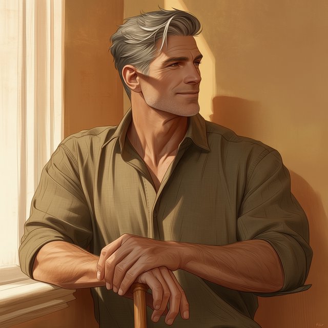 Portrait photograph of an adult man in his 40s with silver-streaked hair, wearing a textured olive linen shirt and rolled sleeves, hands resting on a wooden cane, relaxed expression, ochre plaster backdrop, soft window light from the side. — Midjourney Niji 7
