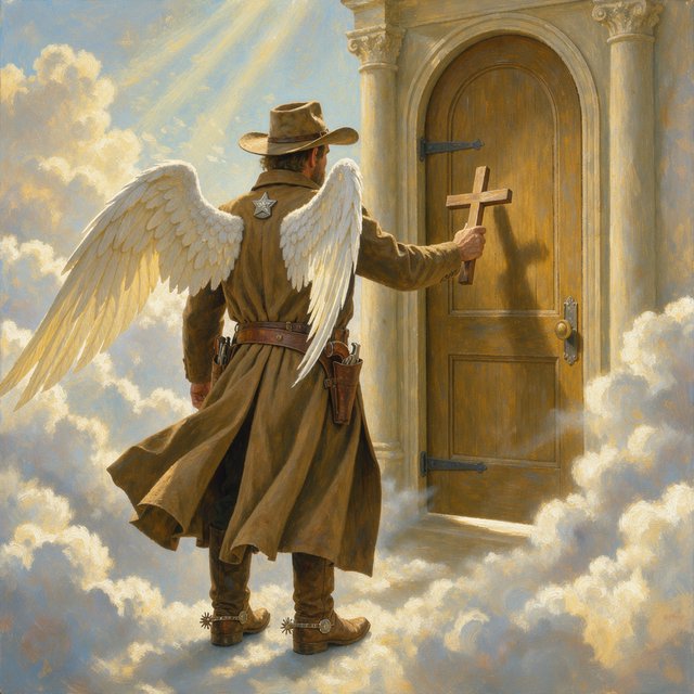 Create a painted image of a frontier lawman in heaven, facing away from the camera with angel wings. He is standing on a ground made of clouds, with a door in front of him. Holding a cross, he uses it to knock on the door. — FLUX 3 Image