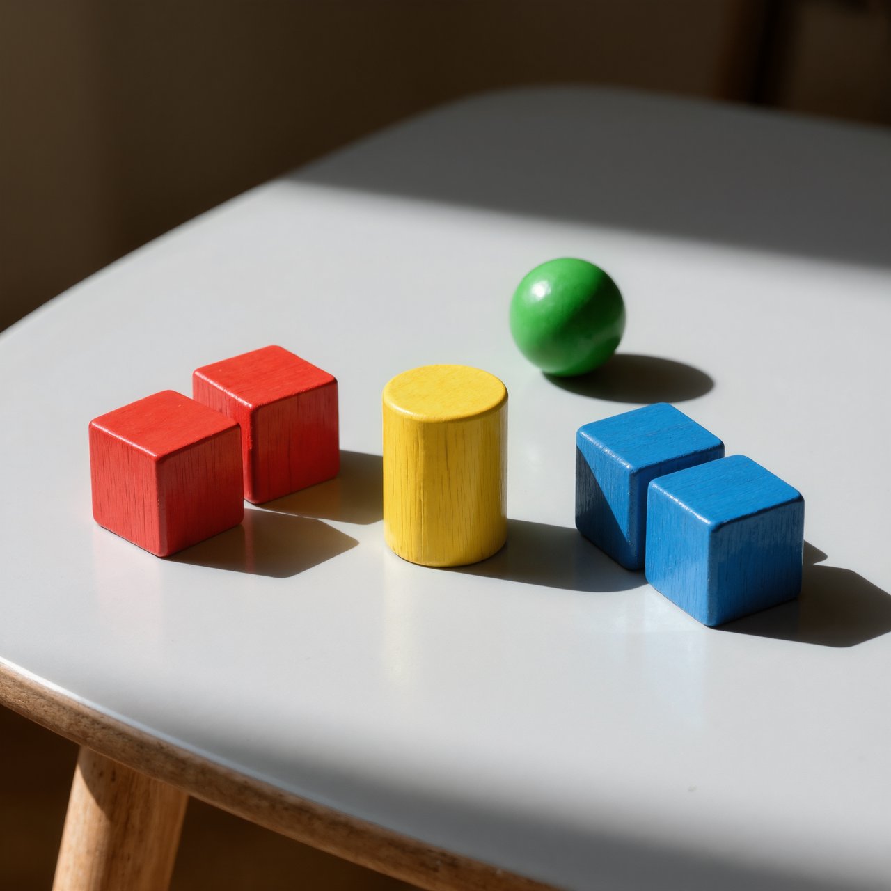 Exactly five wooden toy blocks sit on a pale gray table: two red cubes on the left, one yellow cylinder in the center, and two blue cubes on the right. A small green ball sits behind the cylinder, nothing else. — Kling v3 Omni