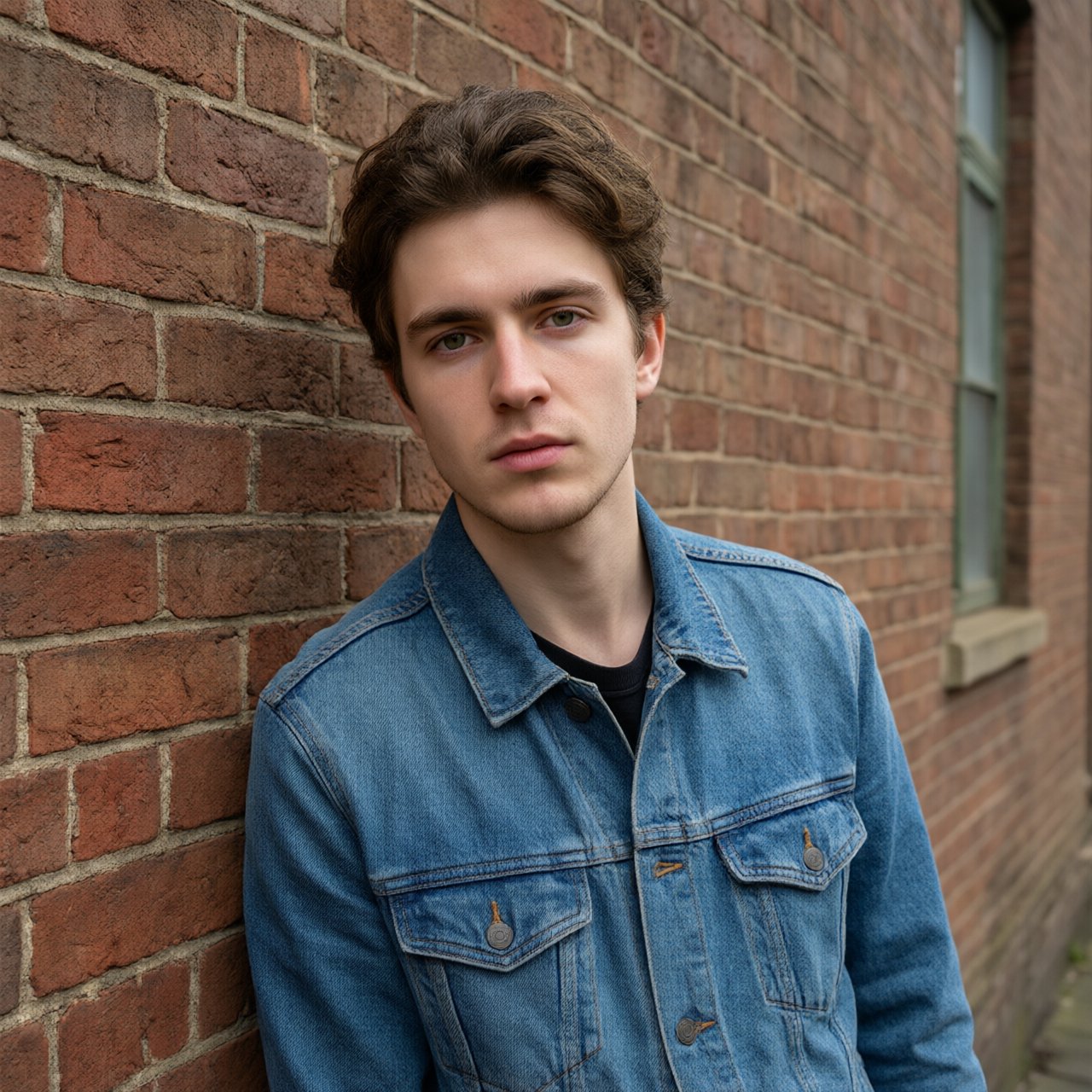 Environmental portrait of a young man in a denim jacket leaning on a red brick wall, overcast light, looking just past the camera. — Qwen Image 3.0