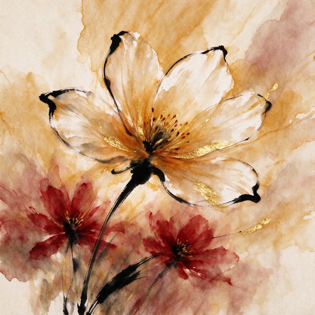 Gently sweeping forms emerge from long, subtle color transitions and soft contours. Bold ink strokes create resilient, confident edges that taper and densify in response to pressure. Raised, polished gold captures directional light in warm, metallic flashes. Luminous, rim-lit gradients blend wet-on-wet into floating patches of color, while a restrained palette of warm ochre, ivory, and deep crimson creates radiant, painterly highlights against a soft, atmospheric background. A flower in the summer wind. — Seedream 5.0 Flash