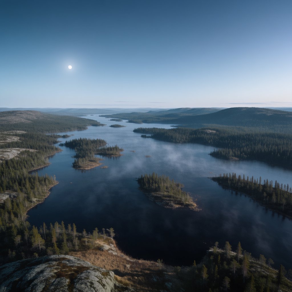 An expansive boreal lake beneath a clear, cold midnight sky, pale moonlight catching thin mist above dark water; spruce-covered islands recede toward distant ridges, while lichen and cracked granite sharpen the near shoreline. — Krea 2 Medium