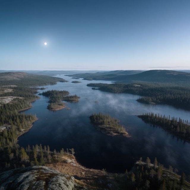 An expansive boreal lake beneath a clear, cold midnight sky, pale moonlight catching thin mist above dark water; spruce-covered islands recede toward distant ridges, while lichen and cracked granite sharpen the near shoreline. — Krea 2 Medium
