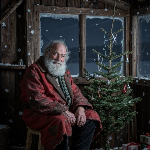 A melancholic, somewhat disheveled Santa Claus in a worn, dirty coat. He sits in his cabin at the North Pole next to a desolate, needleless Christmas tree, its decorations hanging only sporadically. The aura radiates a quiet despair. — Kling v3 Omni