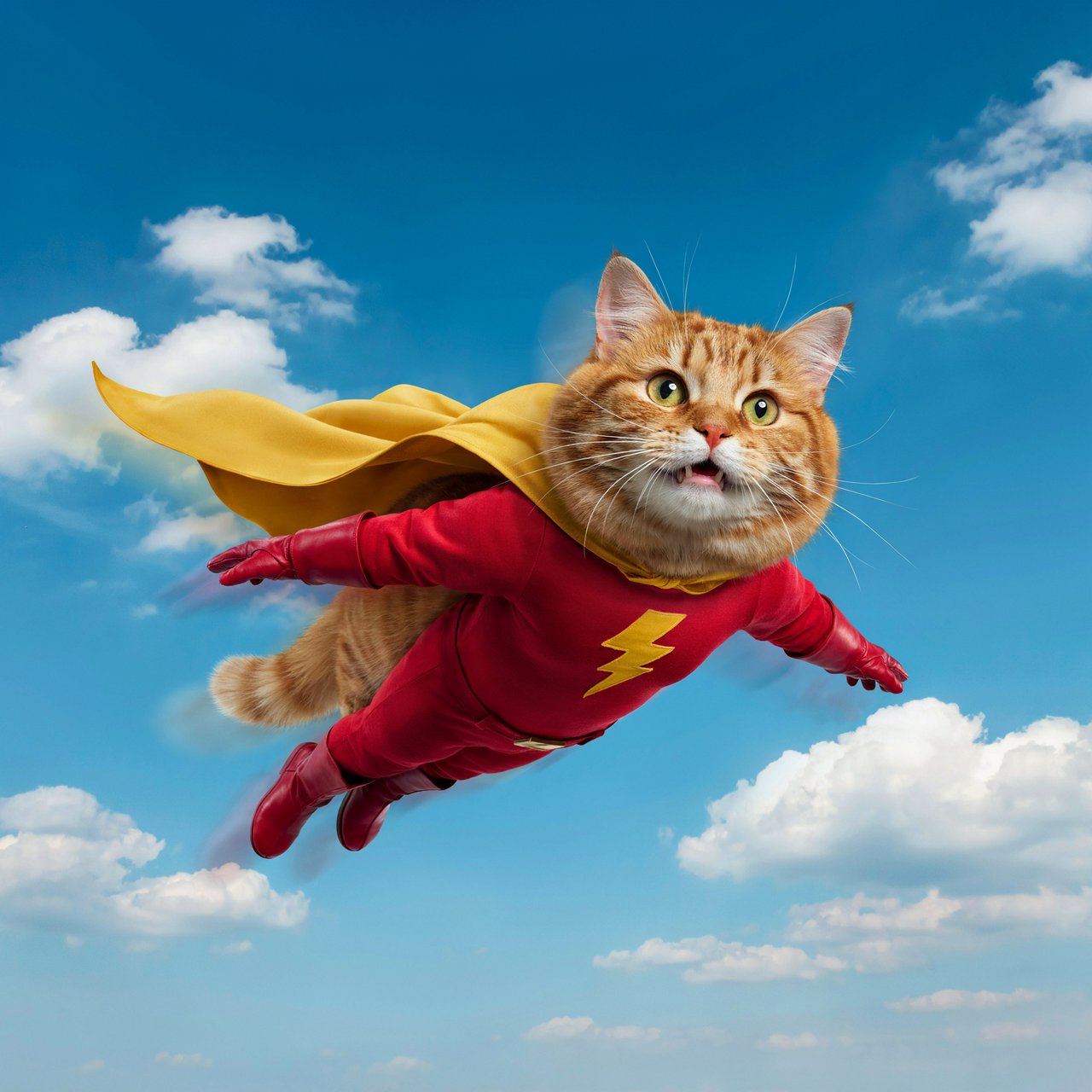 A cat flying in the sky wearing a super kitty costume. — Ideogram v4.5